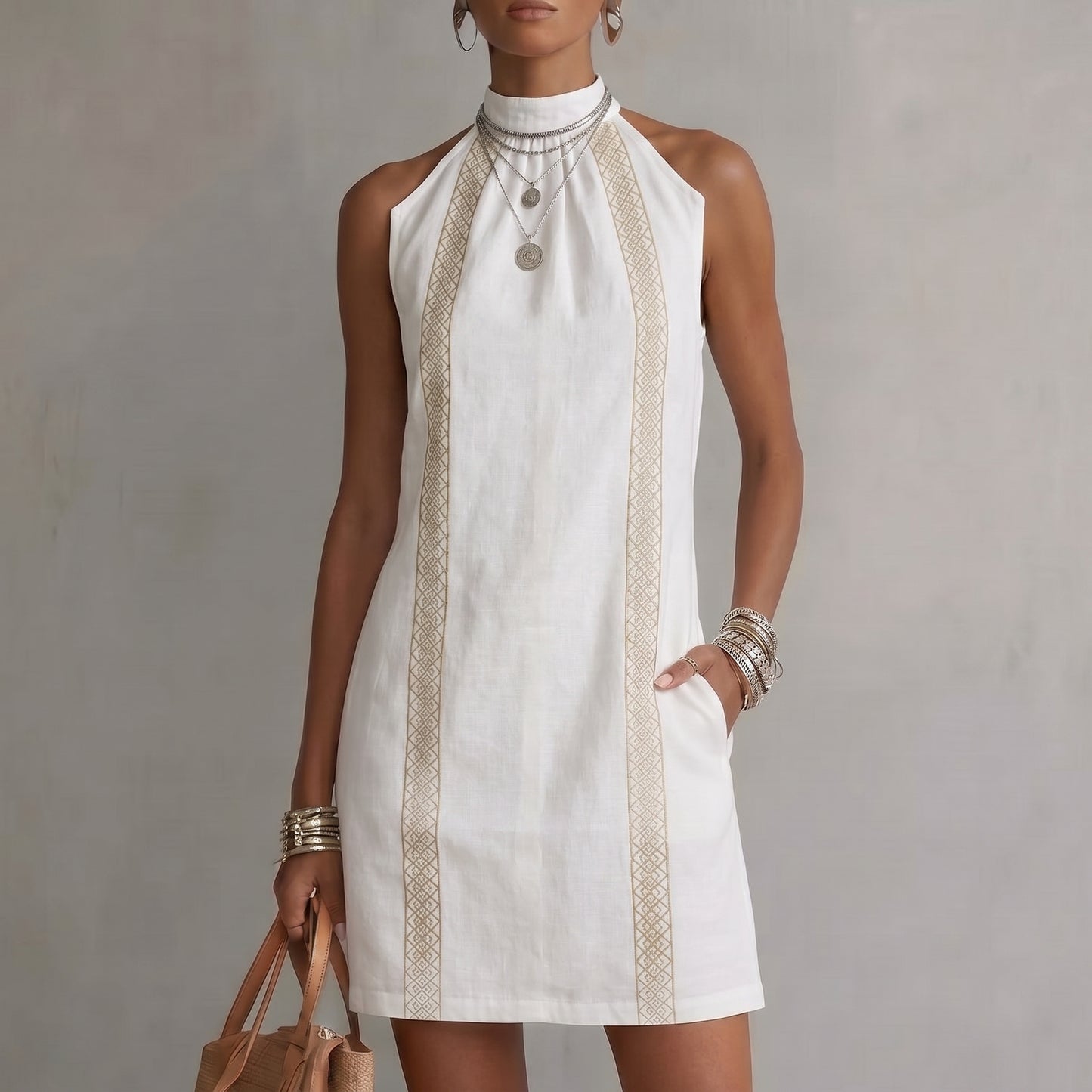 Sol™ | Vestido Midi de Lino con Cuello Mao y Estilo Natural