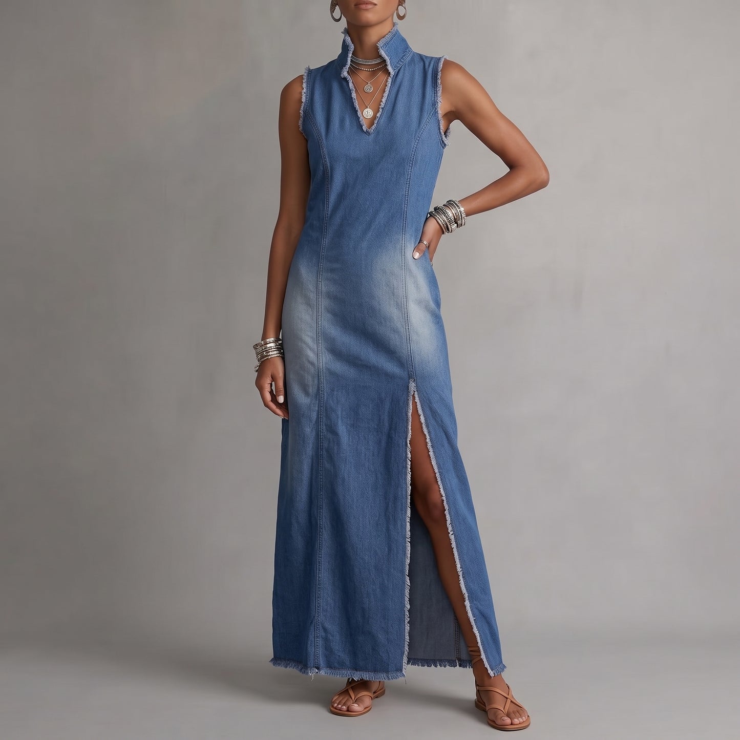 Catalina™ | Vestido vaquero informal sin mangas con abertura