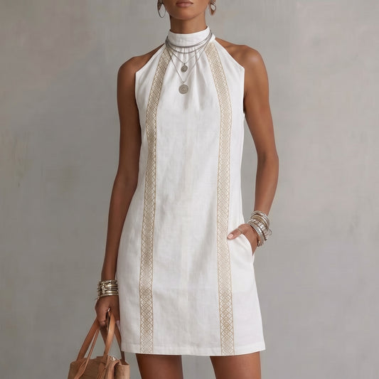 Sol™ | Vestido Midi de Lino con Cuello Mao y Estilo Natural